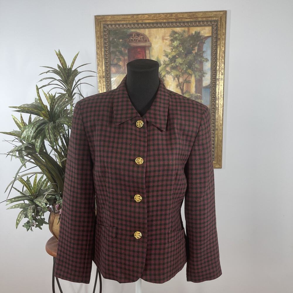 SBS Collection Women Blazer Size 10 Burgundy Plaid Gold Button Career Jacket - Picture 2 of 11